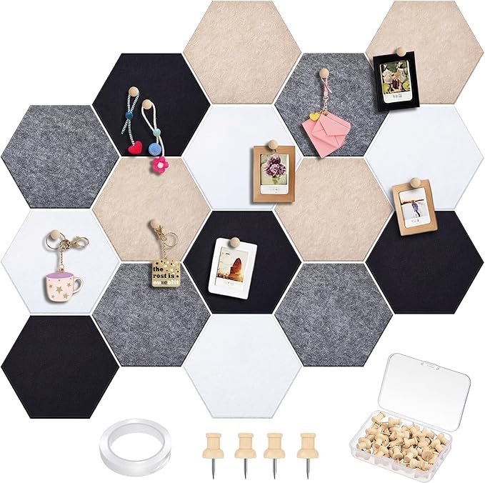 Mindsoft 16 Pcs Hexagon Cork Board for Walls with 50 Wooden Push Pins 12x10 in Felt DIY Tiles Notice with Nano Tape Hanging Bulletin Board for Home Photo Office Memo Note(Classic)