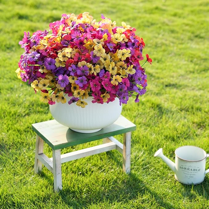 24 Bundles Artificial Flowers for Outdoor Faux Plants for Spring Summer Decoration, UV Resistant Realistic Silk Plastic Fake Flowers Garden Porch Patio Balcony Yard Front Home Decor