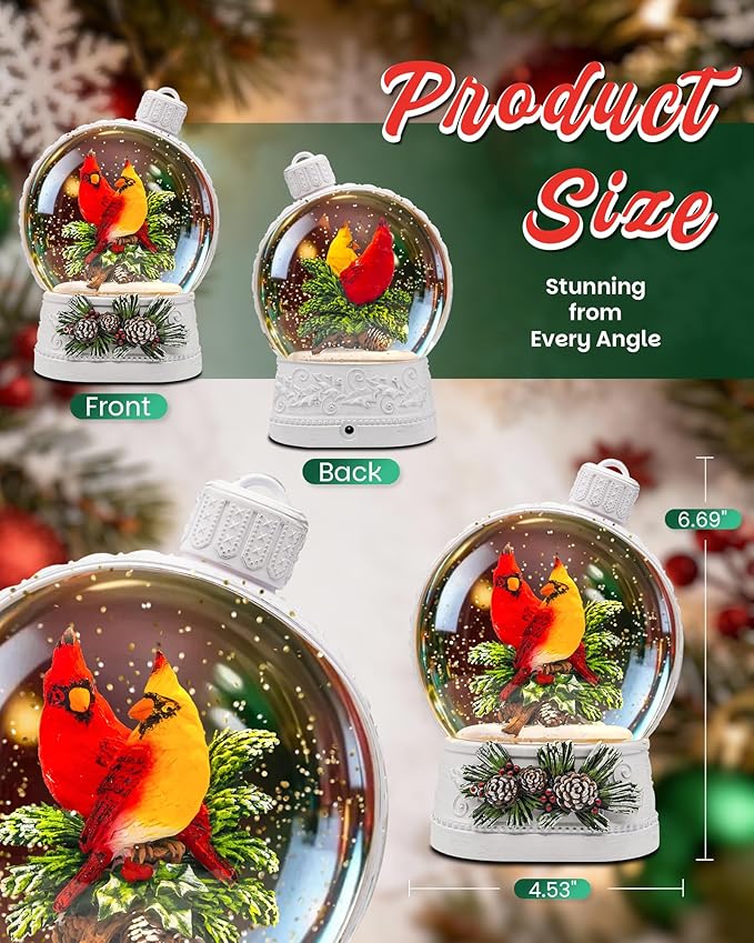 Christmas Cardinal Snow Globe Light up Lantern with 8 Songs, 6.7" White Christmas Snow Globes for Kids Adults, 6H Timer & Dual Power, Snowglobes Christmas Decorations Indoor, Gifts for Women Men
