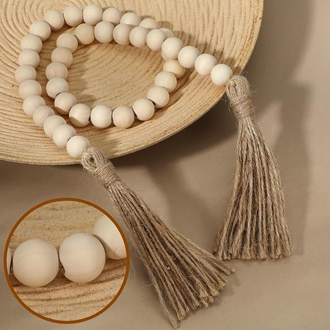 34in Farmhouse Wood Beads Garland with Tassels, Decorative Bead Home Decor Wooden Beads Garland Country Room Hanging for Wood Entryway Table, Shelf, Tray, Curtain Decor (Beige)