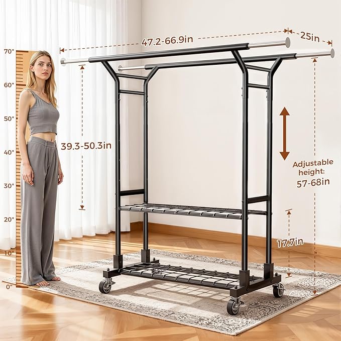 Luxspire Heavy Duty Clothes Rack Load 650 LBS, Double Rod Clothing Racks for Hanging Clothes, Rolling Garment Racks with Lockable Wheels, Shelves, Adjustable Laundry Hanging Rack, Black