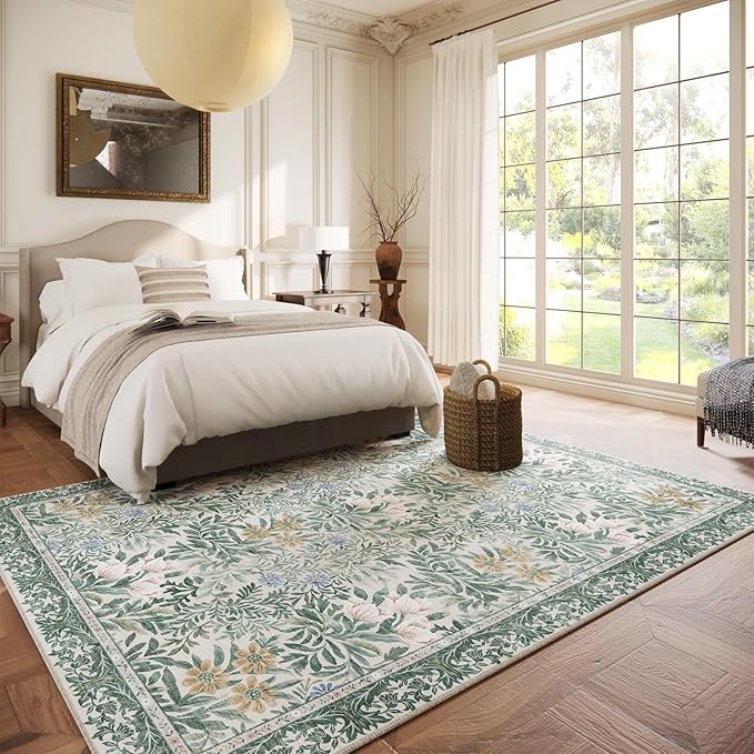 Botanical Floral Area Rug 6x9 Light Green Cream Vintage Garden Design, Perfect for Living Room, Bedroom, Kids Room, Nursery - Stain & Water Resistant Non-Slip, Pet & Child Friendly Area Rugs