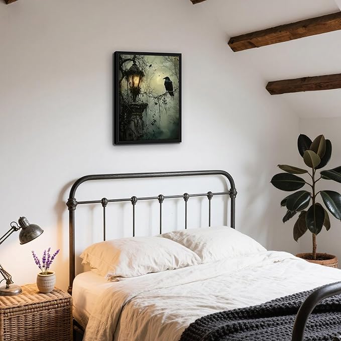 Gothic Decor Framed Wall Art, Vintage Dark Academia Canvas Prints, Horror Forest Crow Wall Decor for Living Room Bedroom Home Decor – Black Wooden Frame 12x16in