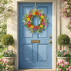 22 Inch Artificial Spring Summer Wreaths for Front Door Daisy Flower Wreath with Wildflowers,Eucalyptus Leaves,Ferns for Indoor Outdoor Wall Porch Festival Farmhouse Home Holiday Decor.