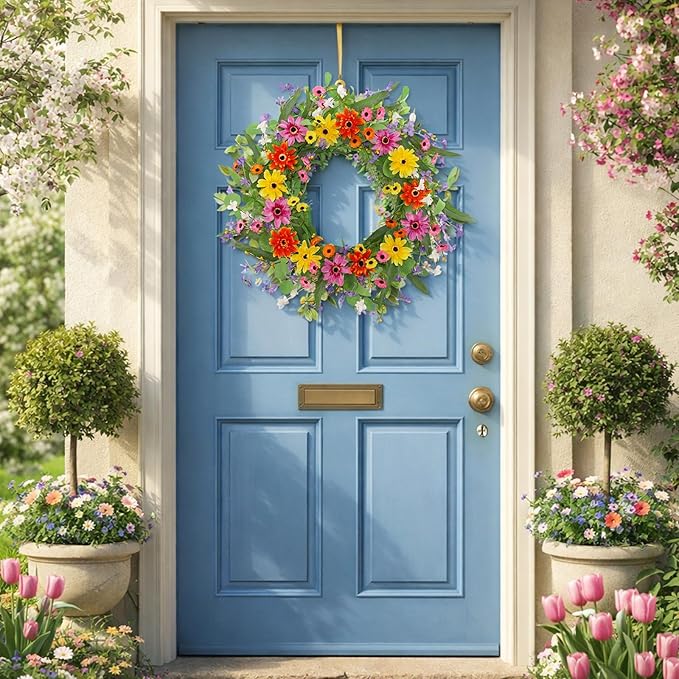 22 Inch Artificial Spring Summer Wreaths for Front Door Daisy Flower Wreath with Wildflowers,Eucalyptus Leaves,Ferns for Indoor Outdoor Wall Porch Festival Farmhouse Home Holiday Decor.