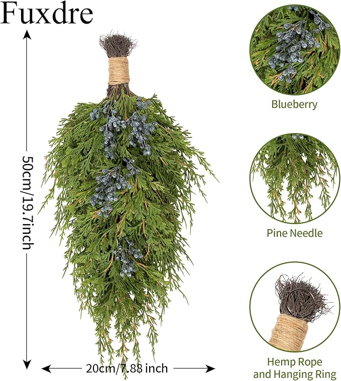 20" Christmas Artificial Juniper Swag Blueberries Teardrop Front Door Decoration Pine Cedar Real Touch Xmas Faux Evergreen Juniper Swag with Hanging Ring for Windows Wall Stair Outdoor Decor