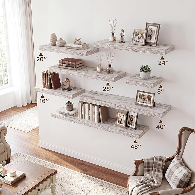 RICHFOCUS 40Inch Floating Shelves for Wall 1 Pack Shelves for Bedroom|Kitchen|Bathroom|Laundry Room Rustic Wood Wall Mounted Shelf with Invisible Brackets for Books|Storage|Decor, Rustic White