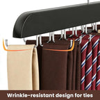 Tie Rack Hanger with 20 Foldable Metal Hooks, Space Saving Necktie Organizer for Men, Large Capacity, Wooden, Black