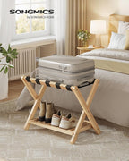SONGMICS Solid Wood Luggage Rack, No Assembly Required, Foldable Suitcase Stand, Luggage Holder, with Storage Shelf, for Guest Room, Hotel, Bedroom, Natural Beige URLR020N02