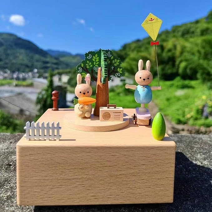 Natural Solid Wood Handcrafted Beech Wooden, Musical FigureTotoro/Carousel/Fairy/Ballerina Figurine,Rotating Hand Crank Mechanism Music Box,Musical Decorations (Snowboard and Rabbit)