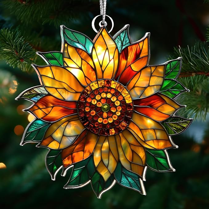 2025 Christmas Ornaments, Christmas Tree Ornaments Acrylic, Faux Stained Glass Effect White Elephant Gifts Exchange, Unique Suncatcher Xmas Stocking Stuffers for Women, Men (Sunflower)