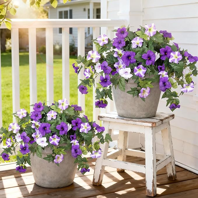 4 Pcs Artificial Fake Petunia Flowers for Outdoor Decoration, Faux Silk Petunias Flower for Spring UV Resistant No Fade Realistic Plants for Garden Balcony Yard Porch Indoor Decor(Purple White)