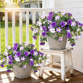 4 Pcs Artificial Fake Petunia Flowers for Outdoor Decoration, Faux Silk Petunias Flower for Spring UV Resistant No Fade Realistic Plants for Garden Balcony Yard Porch Indoor Decor(Purple White)