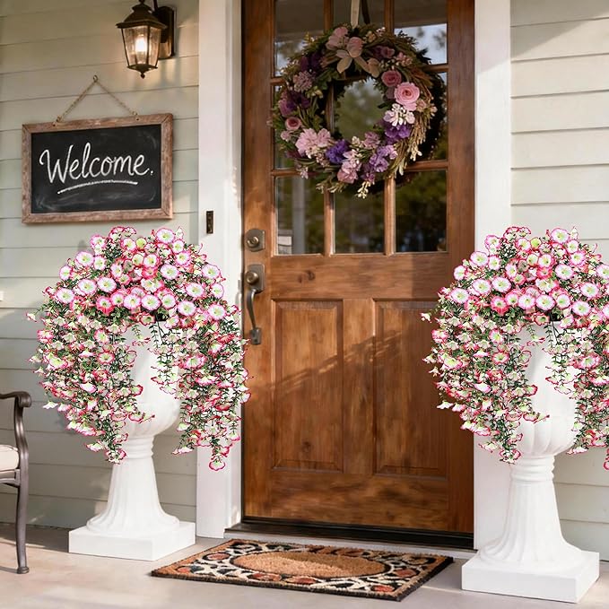 Artificial Hanging Flowers for Outdoors, 4 PCS UV Resistant Faux Plants Silk Realistic 150 Morning Glory Each Vines, Fake Plastic Floral for Garden Patio Spring Summer Decor, Pink