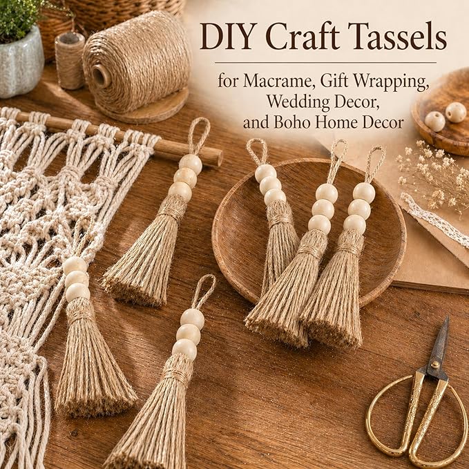Jute Rope Tassel with 3 Wooden Beads - 20 Pcs Thick Handmade Jute Tassels for Garland Craft Decor Farmhouse Boho Home Door Hanging Decoration for Wedding Party Christmas DIY