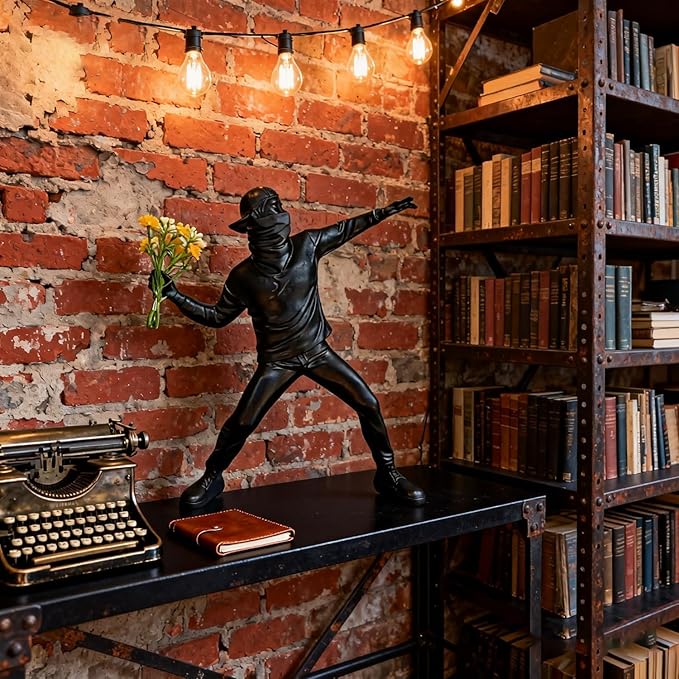 Banksy Street Graffiti Art Statue,Throwing Flower Boy Figurine,Resin Statue Ornaments,Living Room Dining Desk Decorations,Bookshelf Decorative Objects,Modern Home Decor(8.6"/Black)