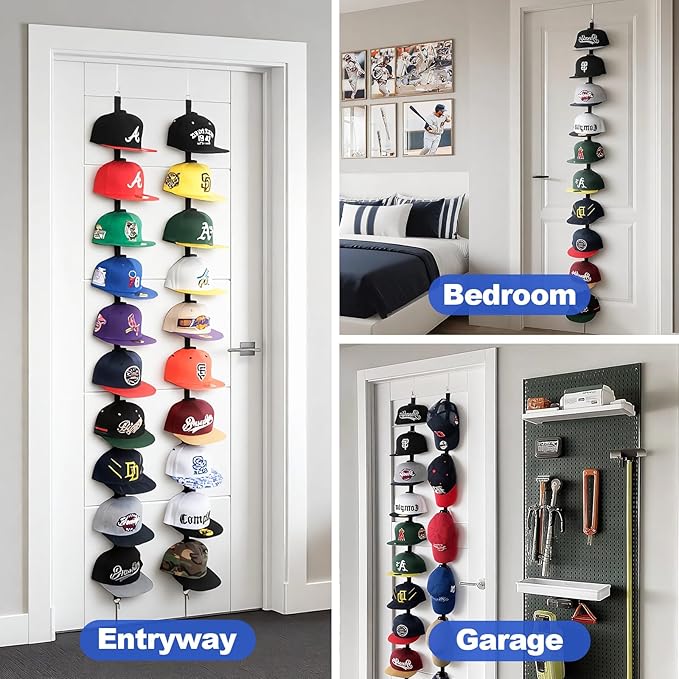 Hat Rack for Door - Two-Way Hanging Caps with Display Hooks and Hanger, Hat Organizer for Baseball Caps, Over the Door Hat Storage Organizer for Bedroom, Entrance or Garage Doors - 1 Pack