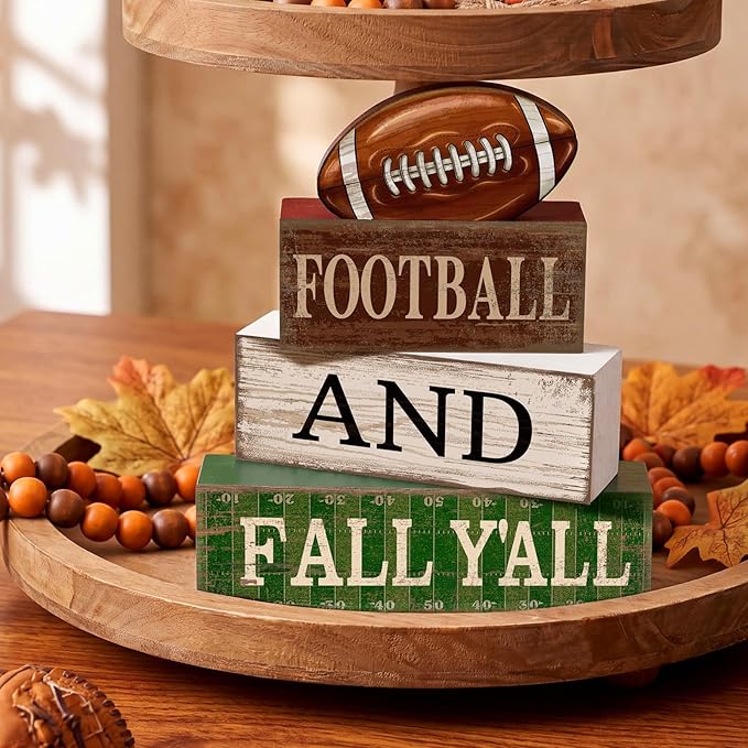 Lineshading 4 Pcs Football Table Decorations Football & Fall Wooden Stacked Block Decor Sport Game Centerpiece Decorative Rugby Block Gift for Fans Club Tailgate Birthday Party Shelf Fireplace Decor