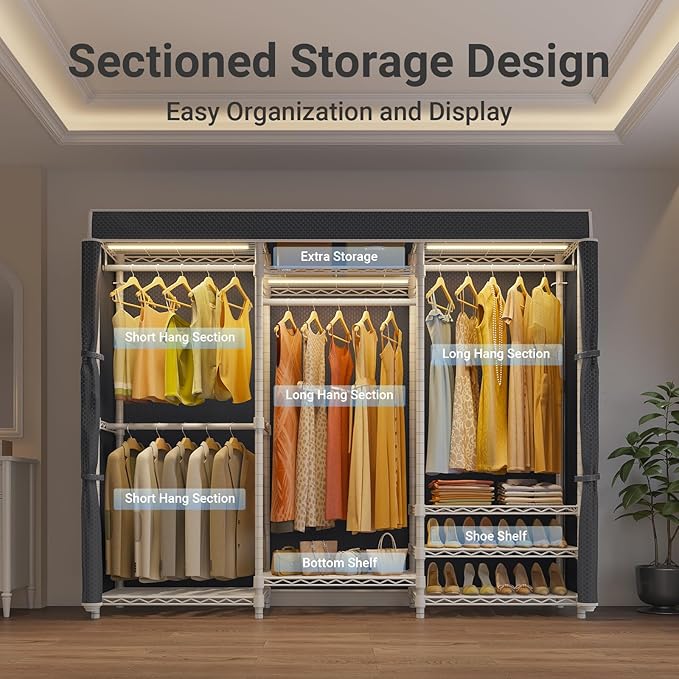 VIPEK V5LC Garment Rack Heavy Duty Covered Clothes Racks with Dimmable LED Light, 3000K Warm White, Portable Closet Wardrobe Freestanding Clothing Rack for Hanging Clothes, White Rack with Black Cover