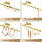 Wall Hanging Jewelry Organizer: 12.6'' Necklace Holder for Earring, Bracelet, Rings, Hairband, Glasses, Gold 2-Pack, Screws Included