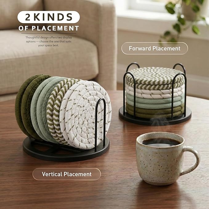 Lazebox Coasters Set of 8 for Drinks, 4 Inch Large Coasters for Coffee Table, Tabletop Protection for Hot & Cold Drinks, Versatile Coasters for Home Decor, Non-Slip & Easy to Clean, Olive Green
