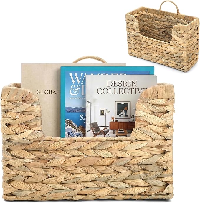 ZAVOOS Woven Hanging Magazine Holder, Water Hyacinth Storage Basket with Handle for Files, Books, Letters, Natural Wall Mounted Mail Organizer Rack for Office, Home, Farmhouse Decor