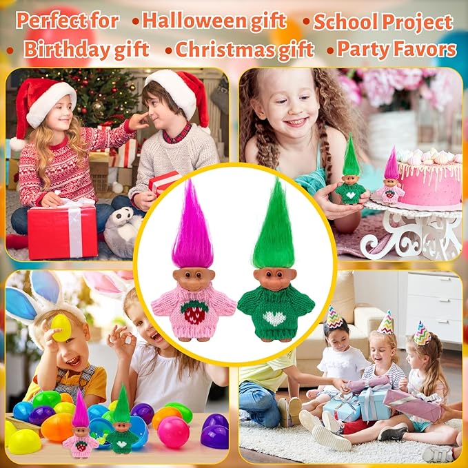 Retro Vintage Lucky Troll Dolls Assorted Hair Colors Chromatic Adorable for Collections, School Project, Arts and Crafts, Party Favors (Pink)