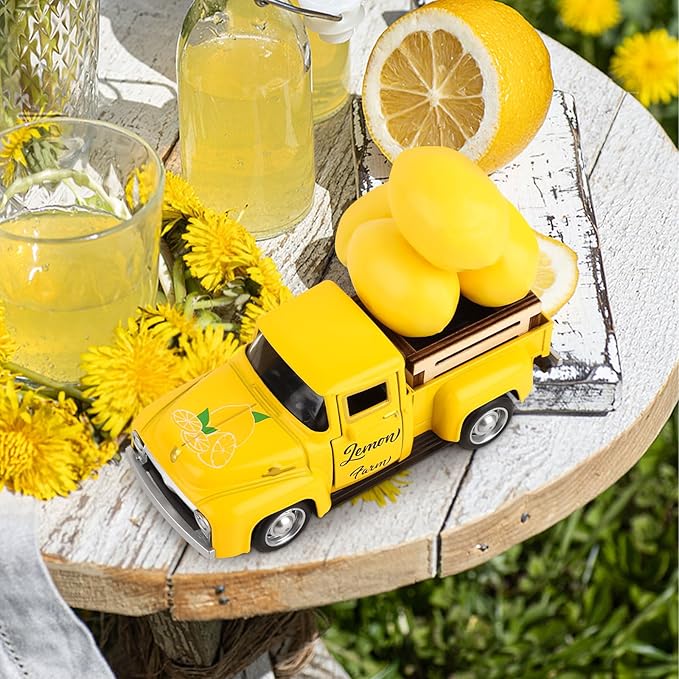 Lemon Truck Decor Vintage Metal Truck Tiered Tray Decor Lemon Party Decorations Summer Farmhouse Yellow Car with Mini Fake Lemons for Home Kitchen Tabletop Centerpiece Supplies