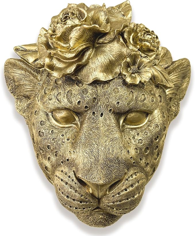 GUSFREUD Gold Animal Heads Sculptures Wall Art - Resin Faux Leopard for Home Wall Decor, Leopard Wall Hanging Decoration for Living Room, Bedroom & Kitchen, Unique Gift Idea