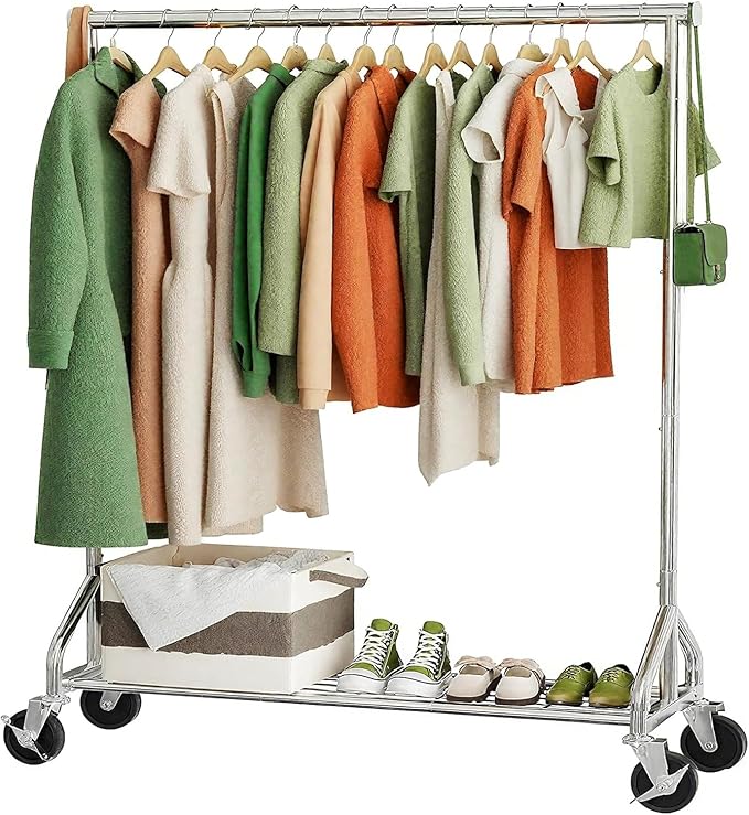 Heavy Duty Rolling Clothes Rack with Wheels and Shelves, 450 lbs Capacity, Portable Garment Rack for Hanging Clothes, Standing Wardrobe for Closet, Bedroom, Commercial Use, Chrome
