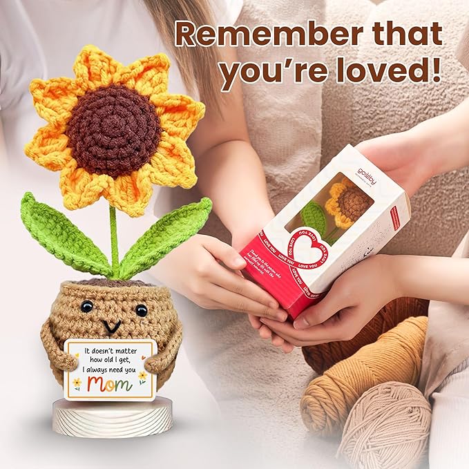 Gossby Gift for Mom from Daughter, Son, Kids - Sunflower Crochet with Card - I Always Need You MOM - Mothers Day, Christmas, Birthday Gift - Emotional Support Plush for Mama