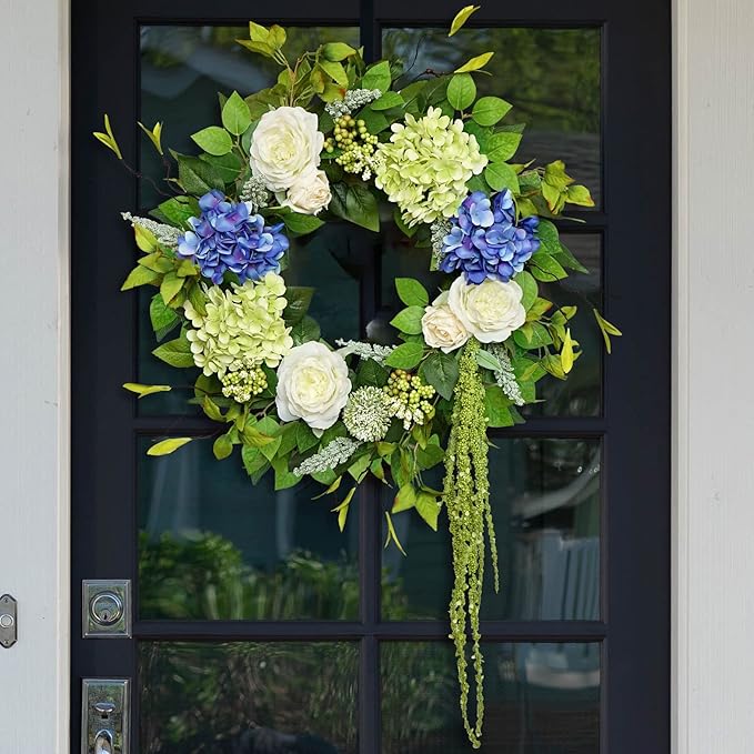 Spring Summer Wreaths for Front Door 24 Inch Summer Wreath with Hydrangea, Rose & Peony Floral Spring Door Wreath with Lush Greenery for Indoor & Outdoor Seasonal Home Decor
