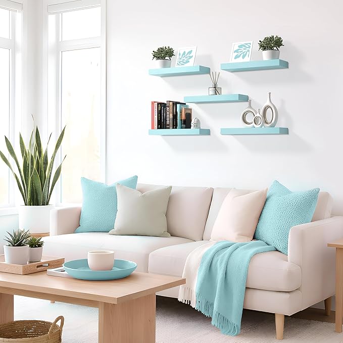 Sorbus Floating Shelves for Wall – 16 Inch Floating Shelf for Kitchen, Bedroom, Living Room, Bathroom, Home & Wall Decor - Mounted Bathroom Shelves with Invisible Brackets (Breezy Blue, 4 Pack)