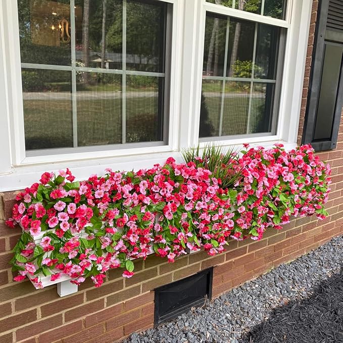 Artificial Fake Hanging Flowers Plants for Outdoor Decoration, 2PCS Faux Silk Morning Glory Long Vines Stems UV Resistant Look Real for Spring Summer Outside Home Porch Patio, Red Pink
