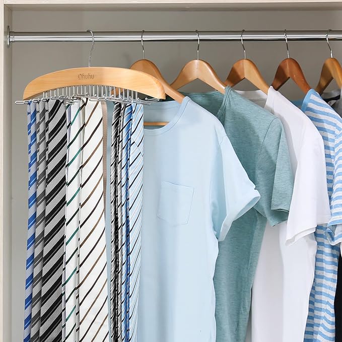 Ohuhu 24-Hook Wooden Tie Rack Organizer - Space Saving Closet Hanger with 360° Rotating Hooks, Anti-Slip Clips for Ties, Belts, Scarves - Premium Hardwood & Rustproof Steel Construction