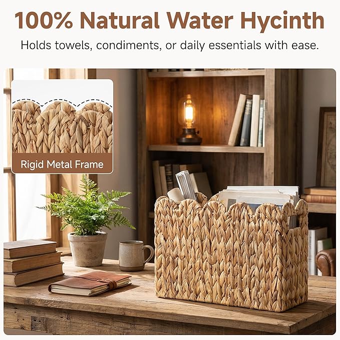 StorageWorks Hand-Woven Magazine Holder, Magazine Wicker Basket for Bathroom, Scalloped Rattan Magazine Holder, Natural Water Hyacinth, 1 Pack