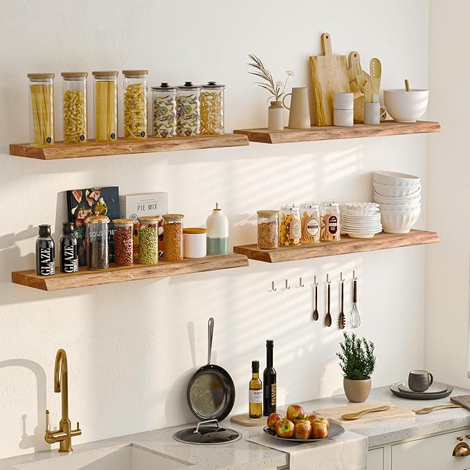 Fun Memories Floating Shelves for Wall Set of 2, Rustic Solid Elm Wood Wall Shelves 32 Inch - Invisible Bracket Mount for Living Room, Bathroom, Bedroom, Kitchen, Natural
