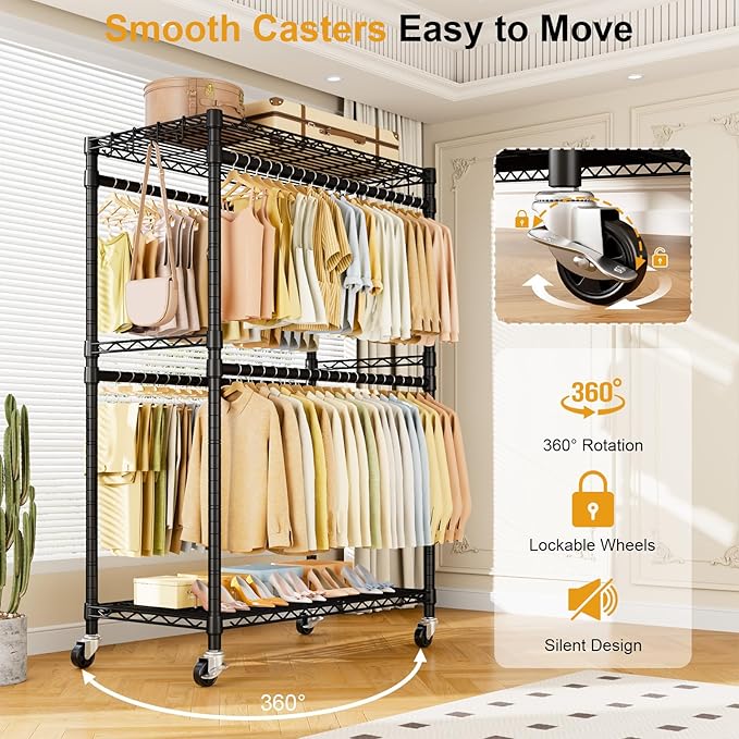 P4 Plus Rolling Clothes Rack Heavy Duty, Clothing Racks for Hanging Clothes, Free Standing Garment Racks with Wheels, Portable Closet Rack 45''W × 20.5''D × 80.5''H, Max Load 570 Lbs, Black