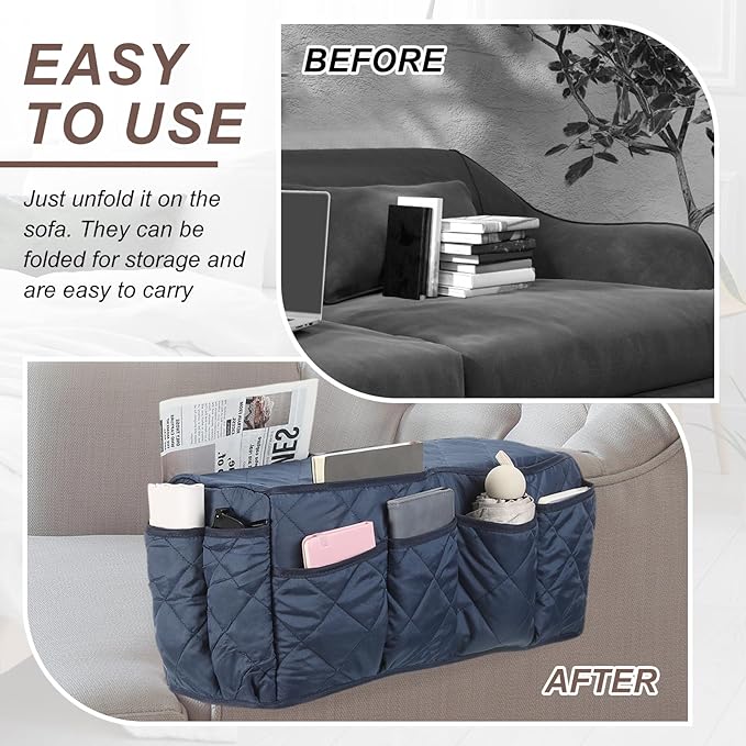 uxcell 2 Pcs Recliner Armchair Caddy, Couch Armrest Organizer with 14 Pockets for Bedside Sofa Remote Control Holder Magazine Phone Book Glasses (Dark Blue, 20" x 7" x 9")