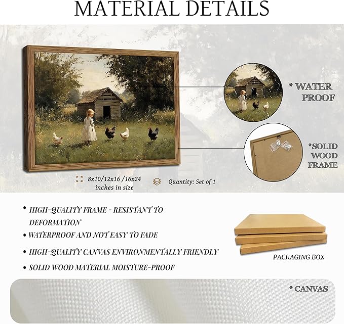 Vintage Country Framed Wall Art, Little Girl and Chick Canvas Prints, Rustic Landscape Picture Painting, Pastoral Farmhouse Wall Decor for Living Room Bedroom – Dark Wooden Frame 8x10in