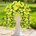 Artificial Hanging Flowers for Outdoors, 2 PCS UV Resistant Faux Silk 150 Morning Glory Each Trailing Vines, Fake Plants for Spring Outdoor Garden Planter Porch Patio Decoration, Yellow