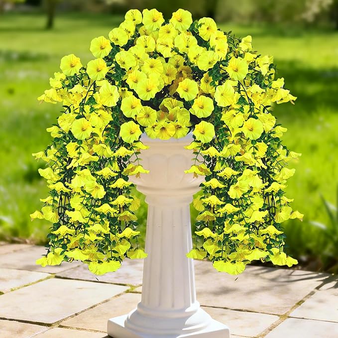 Artificial Hanging Flowers for Outdoors, 2 PCS UV Resistant Faux Silk 150 Morning Glory Each Trailing Vines, Fake Plants for Spring Outdoor Garden Planter Porch Patio Decoration, Yellow