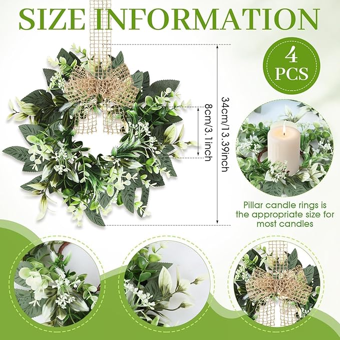 4 PCS Small Eucalyptus Leaves Cabinet Wreath Artificial Mini Spring Summer Greenery Kitchen Wreaths Vintage Swags Wreath with Retro Burlap Ribbon for Farmhouse Rustic Home Door Wedding Wall Decor