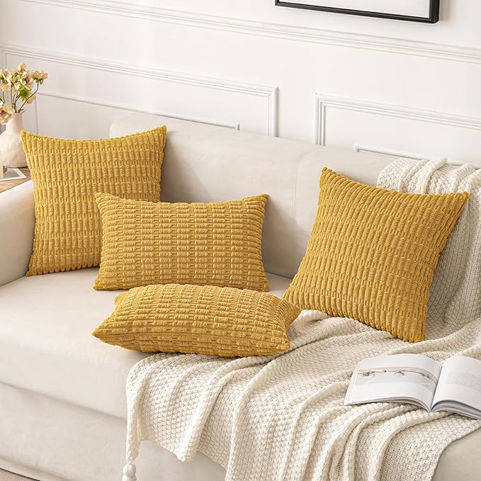 MIULEE Pack of 2 Corduroy Decorative Throw Pillow Covers 18x18 Inch Soft Boho Striped Pillow Covers Modern Farmhouse Home Decor for Summer Sofa Living Room Couch Bed Yellow