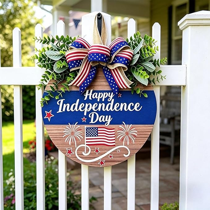 4th of July Wreaths Decorations for Front Door with Large Bow, USA 250th Anniversary Merchandise, Independence Day & Summer Patriotic Decorations for Garden & Patio (Color-Day)