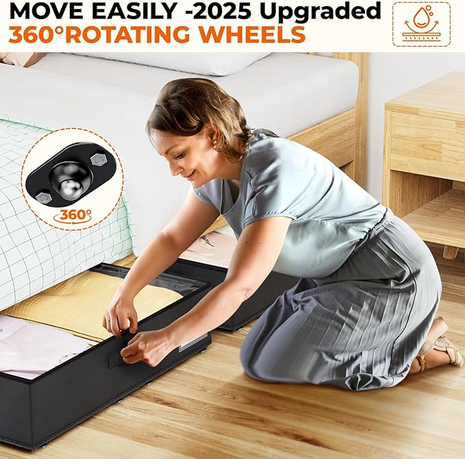 Dayacoco Underbed Storage with Wheels, 2 Pack Under Bed Storage Containers with Clear Lids No Assembly Required, 6.1 inch Rolling Under Bed Storage for Clothes, Shoes