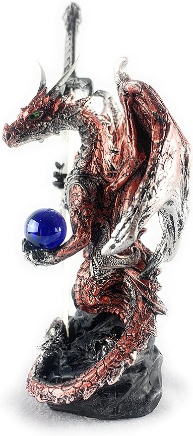 Ain't it Nice Dragon Statue with Medieval Dragon Sword and Crystal Ball Collectible Dragon Figurine Fantasy Medieval Dragon Décor, Red 4(L) 2(W) 7(H) inches