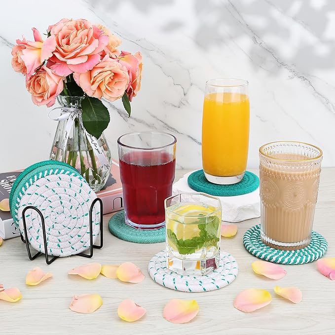 Green Coaster, Drink Coasters, 8 Pack Cup Coasters, Kitchen Table Decor, Table Decor for Living Room, Bar Accessories for The Home Bar Set, Coaster Set for Wooden Tabletop Protection Table