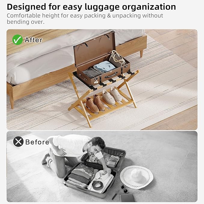 Full Assembled Luggage Rack Set of 2, Bamboo Luggage Holder Rack for Guest Room, 26.77" L Folding Suitcase Stand with 5 Nylon Straps & Storage Shelf for Bedroom Hotel (2 Pack - Natural)