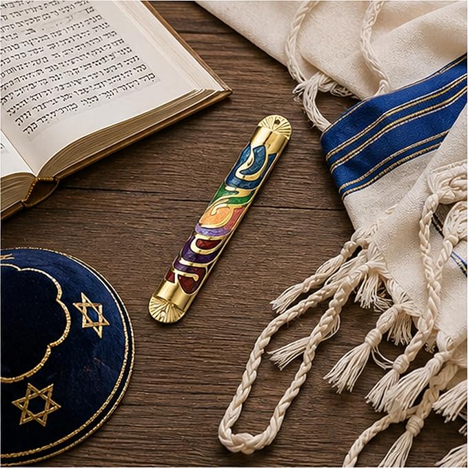 Matashi Gold Hand Painted Multi Color Enamel 6 inch Mezuzah Embellished with Hebrew Shin Home Door Wall Decor Home Décor Jewish Holiday Housewarming Present House Blessing Gift for Holiday Festival
